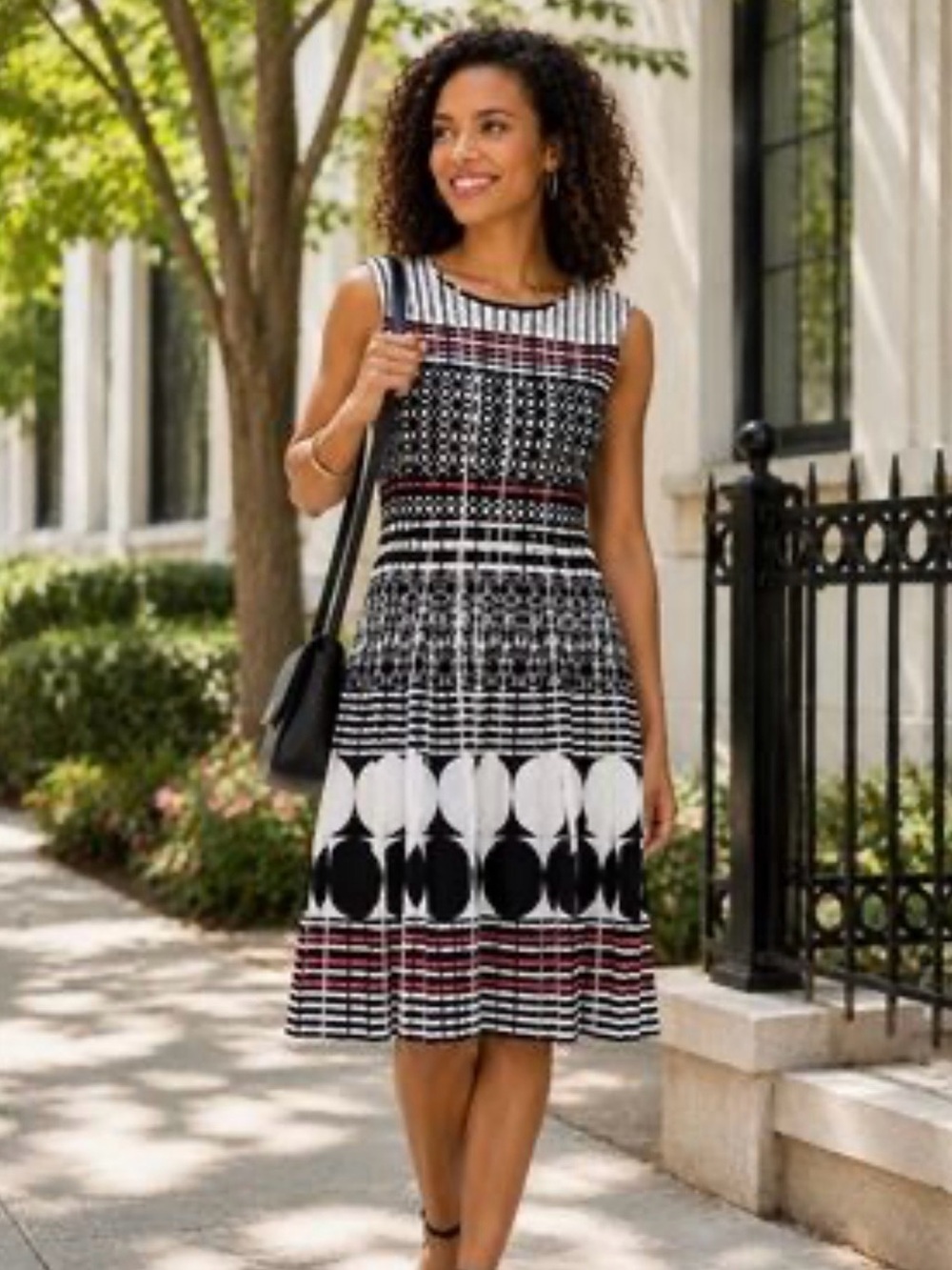 NIC+ZOE Black White Coral Geometric Fit Flare Knit Dress Size S